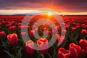 Sunset over the blooming tulip field