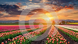 Sunset over the blooming tulip field