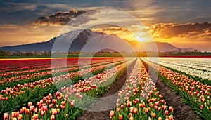 Sunset over the blooming tulip field