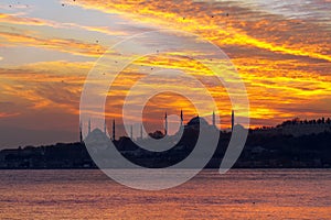 Sunset over Blue Mosque and Hagia Sophia