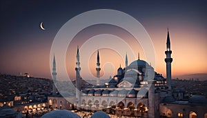 Sunset over the Blue Mosque in Istanbul, Turkey. Selective focus Generative AI