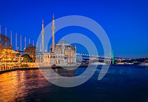 Sunset over Bosphorus and Grand Mecidiye Mosque Ortakoy Mosque, Istanbul, Turkey