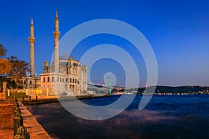 Sunset over Bosphorus and Grand Mecidiye Mosque Ortakoy Mosque, photo