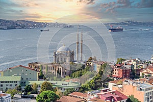 Sunset over Bosporus and Ortakoy Mosque in Istanbul, Turkey