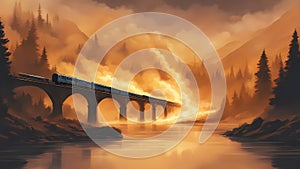 sunset over the bridge A burning train on fire, exploding, that crosses an exploding bridge being blown up, over a river