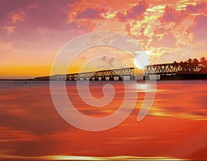 Sunset over bridge in Florida keys, Bahia Honda st