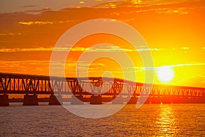 Sunset over bridge in Florida keys, Bahia Honda st