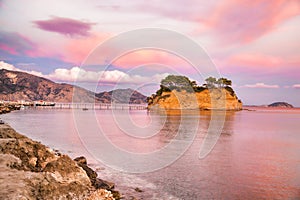 Sunset over the bridge to Agios Sostis island on Zakynthos in Greece