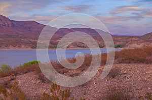 Sunset over Caballo Mountains and Lake photo