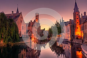 Sunset over the canal of Bruges, Belgium