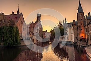 Sunset over the canal of Bruges, Belgium