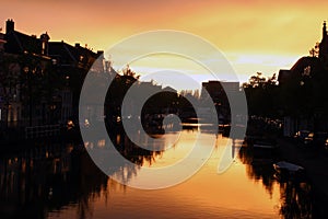 Sunset over canal in Leiden, Netherlands