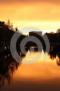 Sunset over canal in Leiden, Netherlands