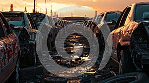 Sunset Over Car Wreckage Yard, Damaged Vehicles, Reflective Mood