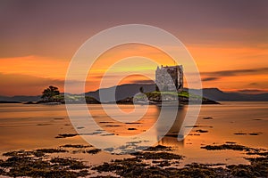 Sunset over Castle Stalker, Scotland, United Kingdom