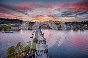 Sunset over Charles Bridge and Prague Castle