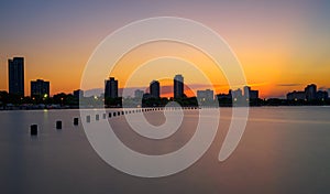 Sunset over Chicago viewed from North Avenue Beach