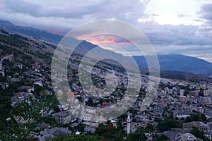 Sunset over city of  gjirokaster,albania