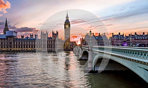 Sunset over the City of Westminster in London