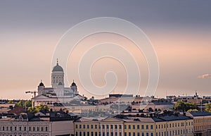 Sunset over cityscape with Cathedral, Helsinki, Finland