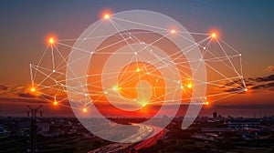 City Network Connection Over Sunset: Global Communication and Connectivity Concept