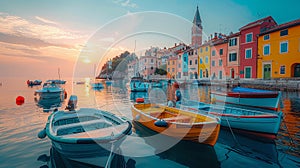 Sunset Over Colorful Marina in Piran Town with Boats and Buoys