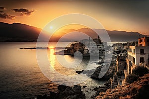 sunset over crete coastline with city skyline in the distance