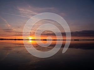Sunset over De Morra lake in summer, Friesland, Netherlands