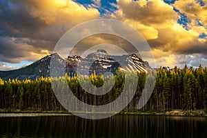 Sunset over deep forest along the Herbert Lake in Banff National Park, Canada