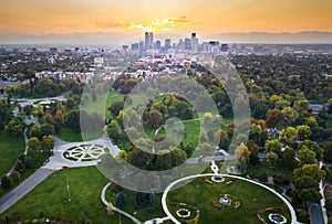 Sunset over Denver cityscape, aerial view from the park