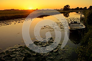 Sunset over a ditch with a boat and waterlily