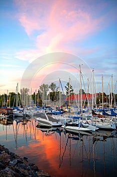 Sunset over docked boats in Marina