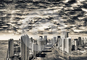 Sunset over Downtown Miami and Brickell, aerial view