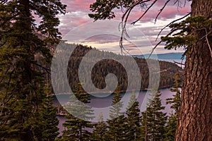 Sunset over Emerald Bay seen from Inspiration Point in Lake Tahoe