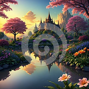 Sunset over fairy landscape with castle and beautiful garden