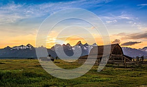 Sunset Over Famous Barn at Grand Teton National Park