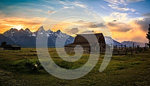 Sunset Over Famous Barn at Grand Teton National Park