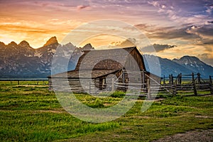 Sunset Over Famous Barn at Grand Teton National Park