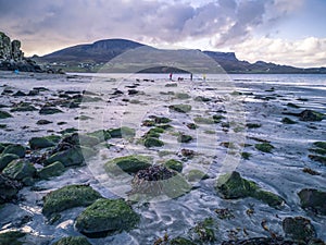 Sunset over the famous Dinosaur bay at Staffin on the isle of Skye