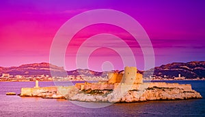 Sunset over famous If castle, chateau d`If, Marseille, France