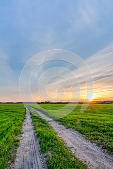 Sunset over the field with a rural road