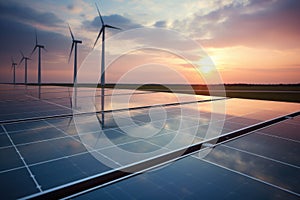 Sunset over a field with wind turbines and solar arrays