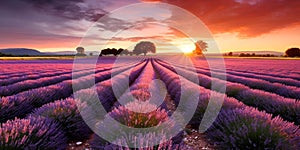 Sunset over fields of lavender in the Provence, France