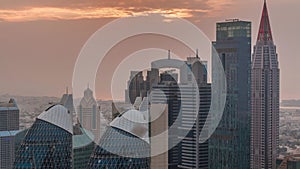 Sunset over financial center of Dubai city with luxury skyscrapers timelapse, Dubai, United Arab Emirates