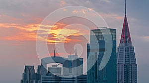 Sunset over financial center of Dubai city with luxury skyscrapers timelapse, Dubai, United Arab Emirates