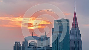 Sunset over financial center of Dubai city with luxury skyscrapers timelapse, Dubai, United Arab Emirates