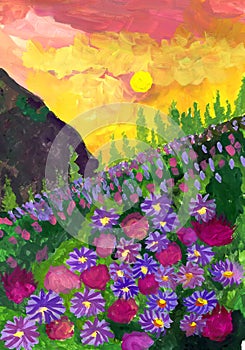 Sunset over a flowering mountain meadow. Children`s drawing