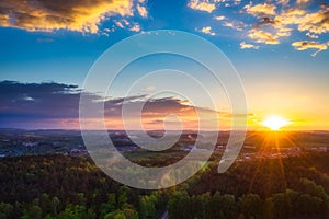 Sunset over the forest at the Tricity beltway. Poland