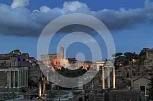 Sunset over Forum Romanum Fori Romani ancient site of antique city of Rome near Palatino hill