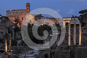 Sunset over Forum Romanum Fori Romani ancient site of antique city of Rome near Palatino hill